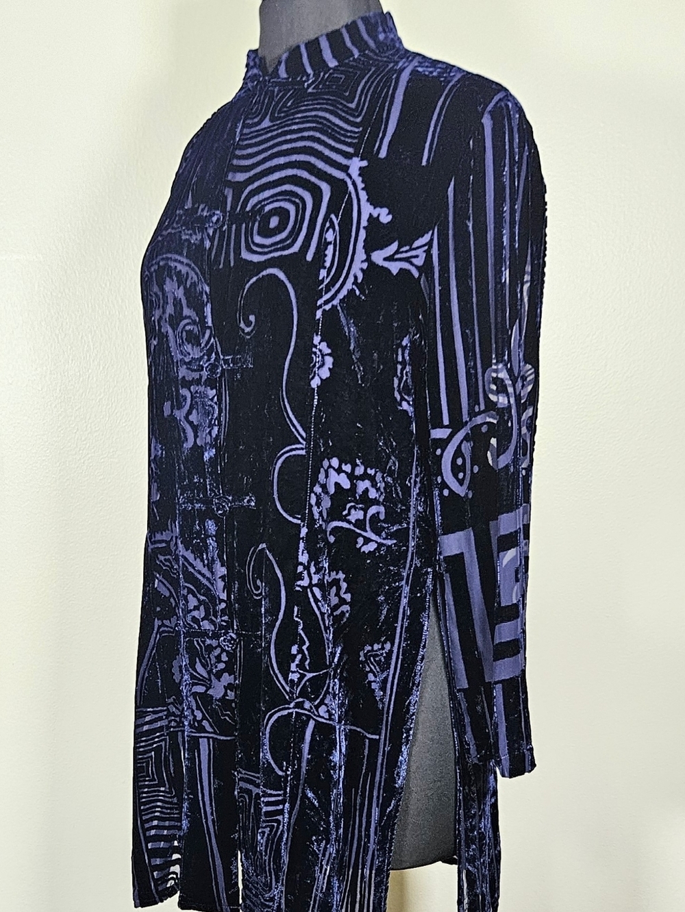 80s Christian Lu Paris Vtg Burnout Velvet Tunic Silk Rayon Midnight Art Deco